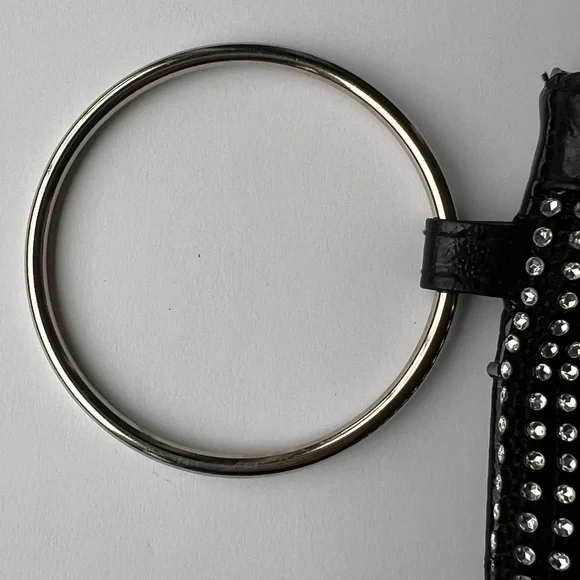 Black Patent Rhinestone Wristlet Clutch w/ Silver Hardware Small Sparkle Purse - Picture 4 of 8